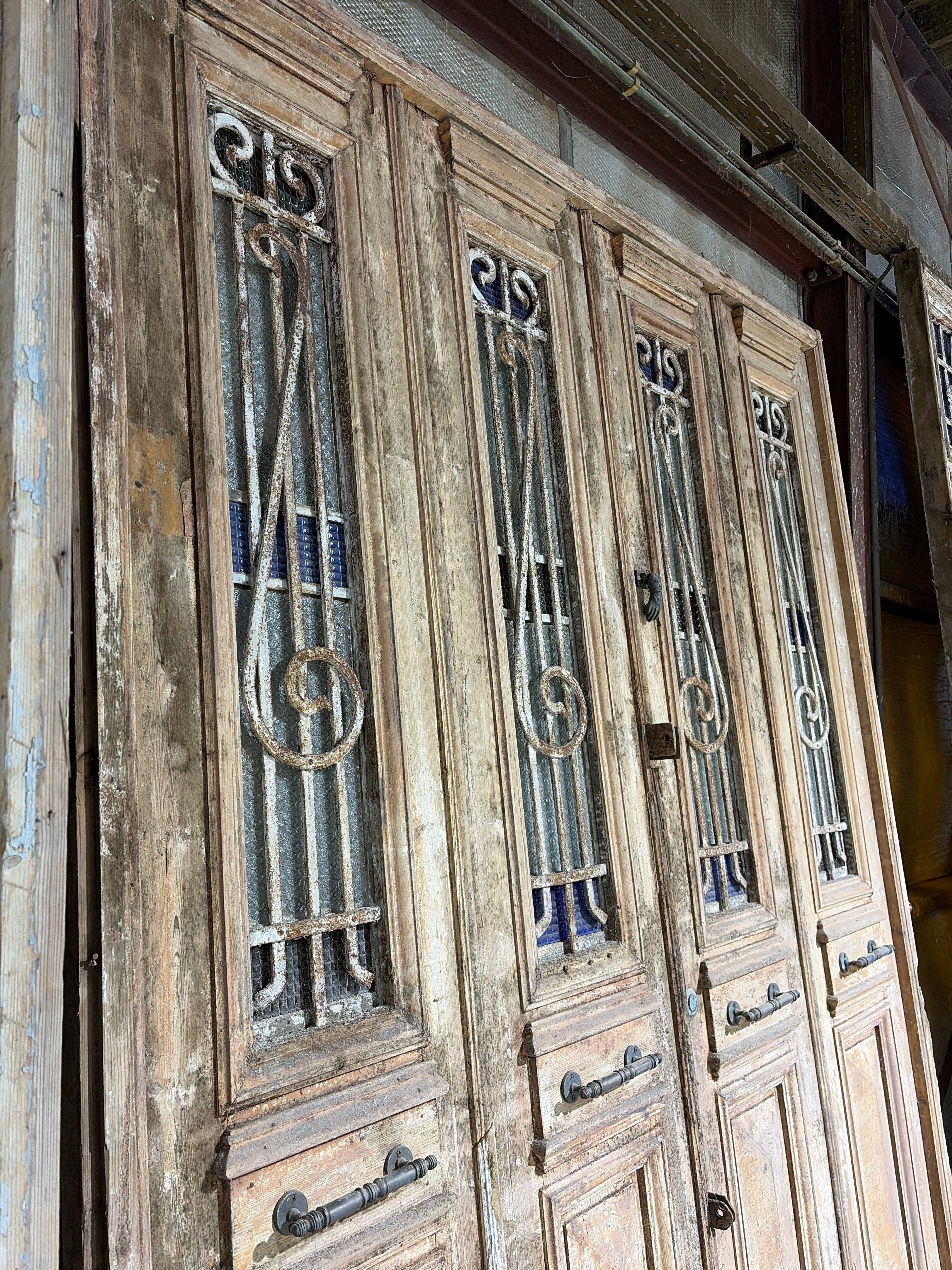 Antique Wooden Door with Ironwork & Stained Glass – Historic Entrance, 210x265cm