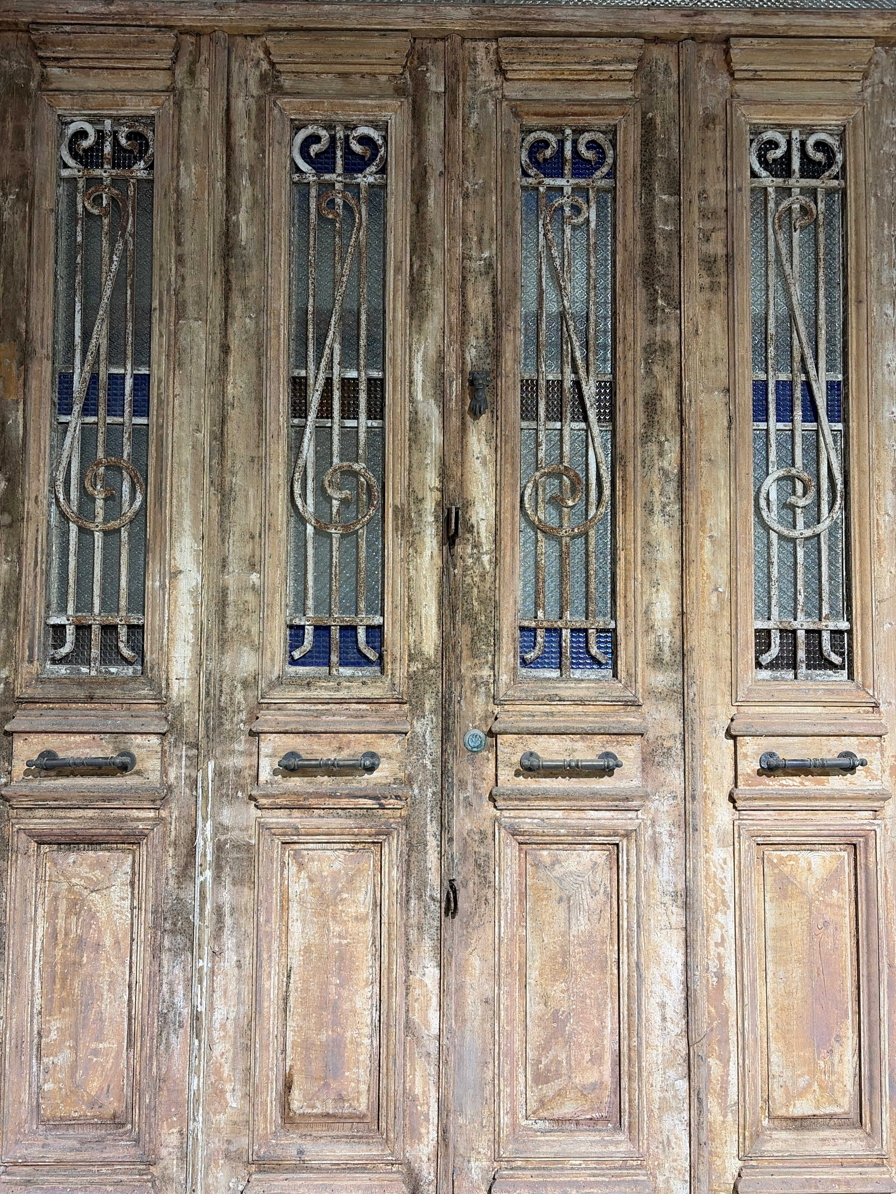 Antique Wooden Door with Ironwork & Stained Glass – Historic Entrance, 210x265cm