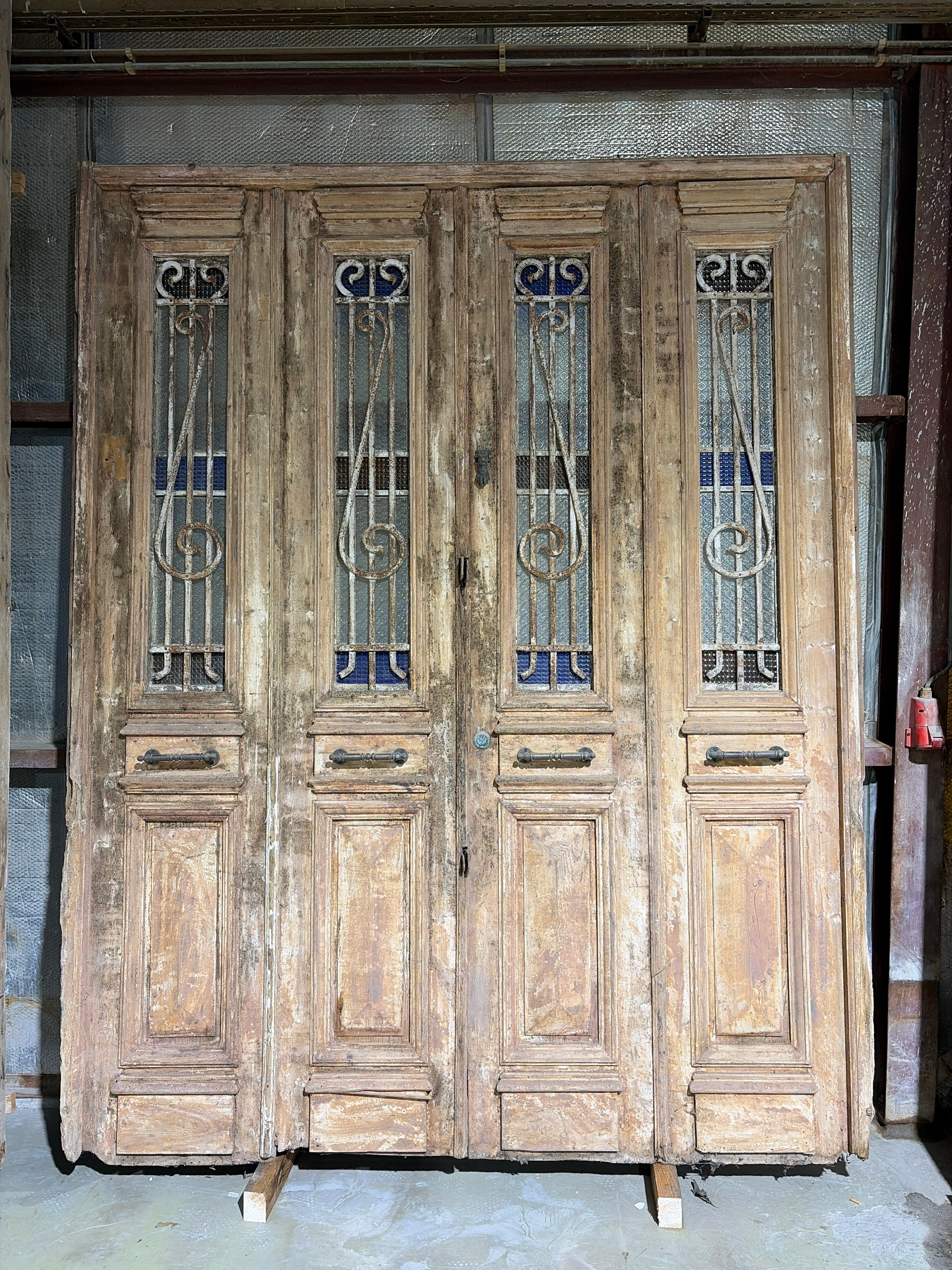Antique Wooden Door with Ironwork & Stained Glass – Historic Entrance, 210x265cm