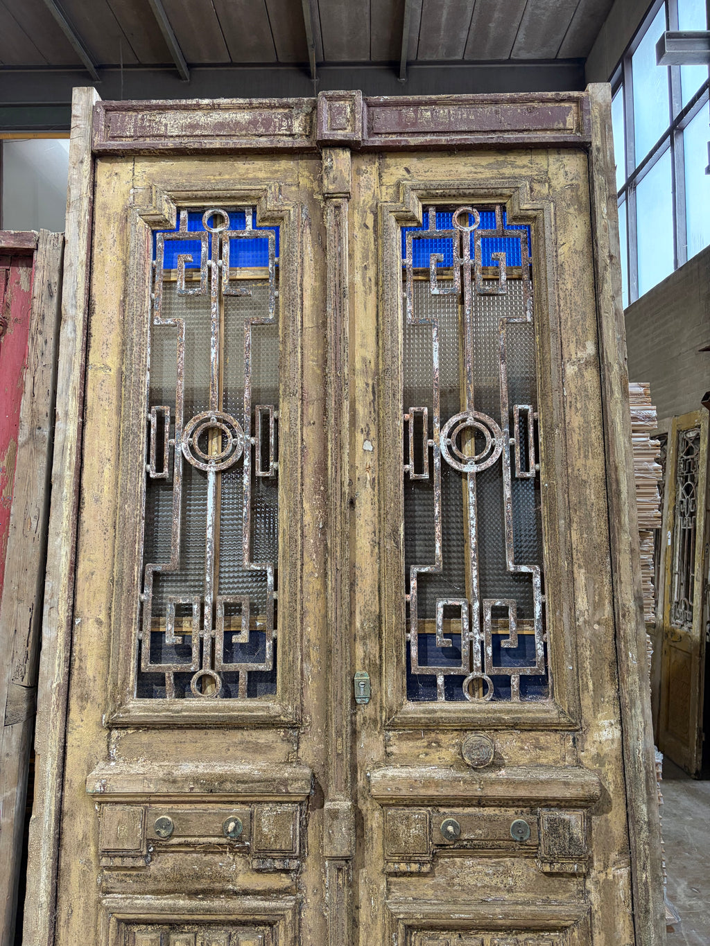 Antique Door with Cast Iron Detailing – Original Historic Wooden Entrance, 146x286cm