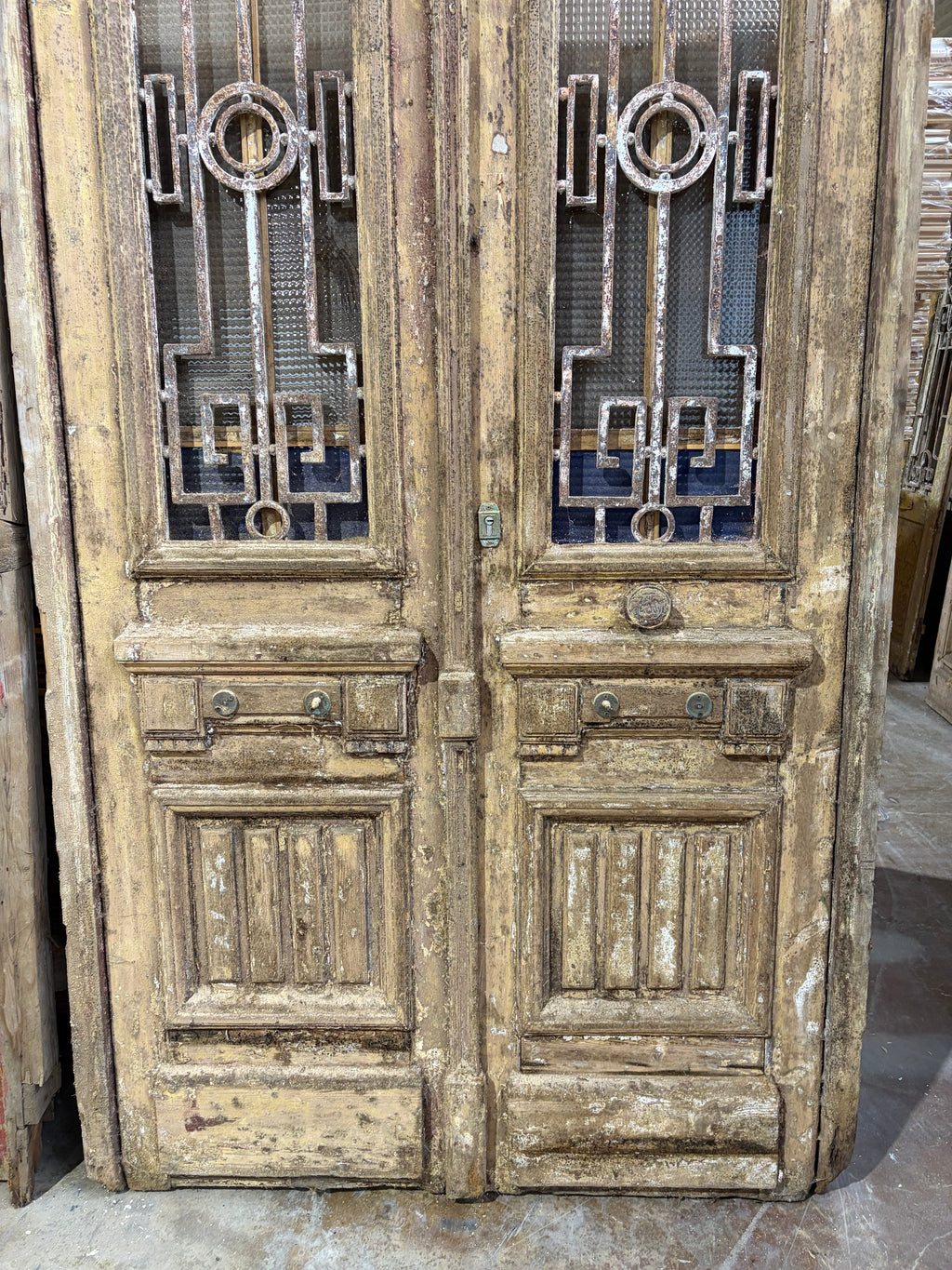 Antique Door with Cast Iron Detailing – Original Historic Wooden Entrance, 146x286cm