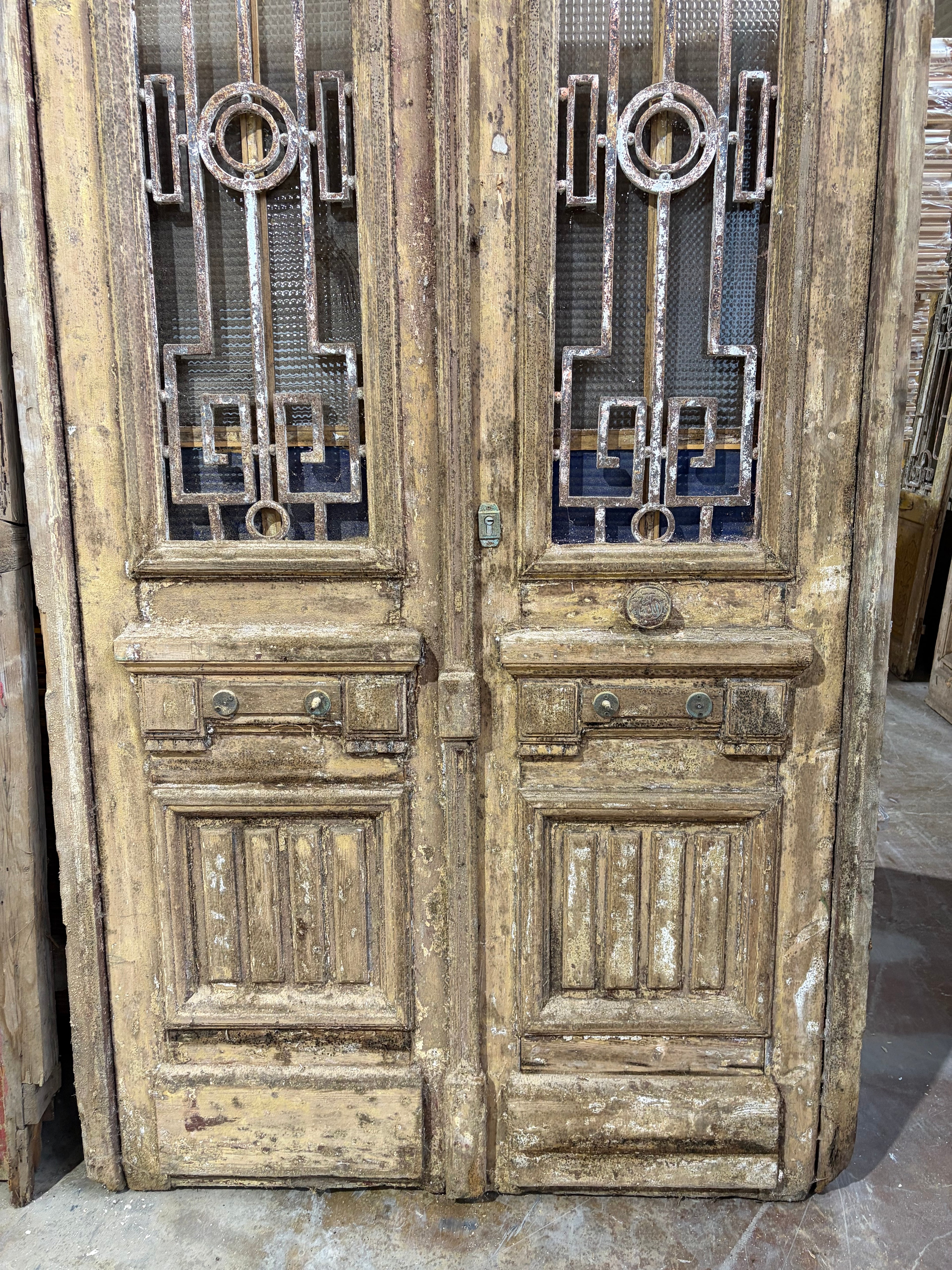 Antique Door with Cast Iron Detailing – Original Historic Wooden Entrance, 146x286cm