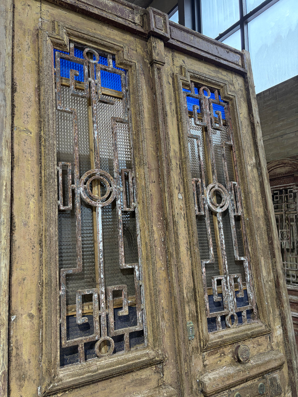Antique Door with Cast Iron Detailing – Original Historic Wooden Entrance, 146x286cm