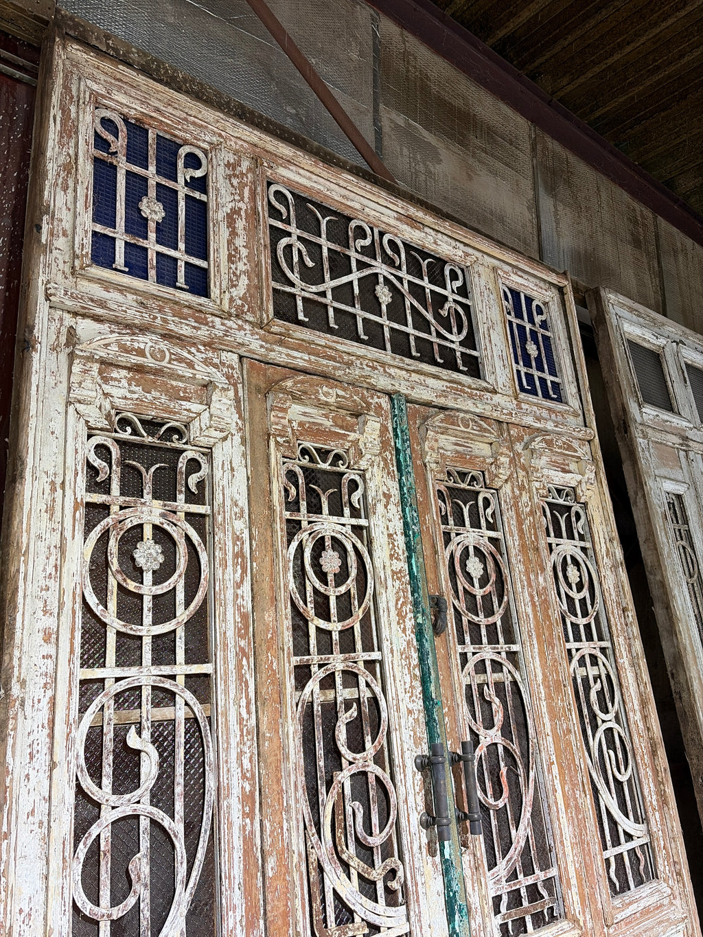 Unique 4-Panel Antique Entrance Door – Cast Iron Detailing & Patina