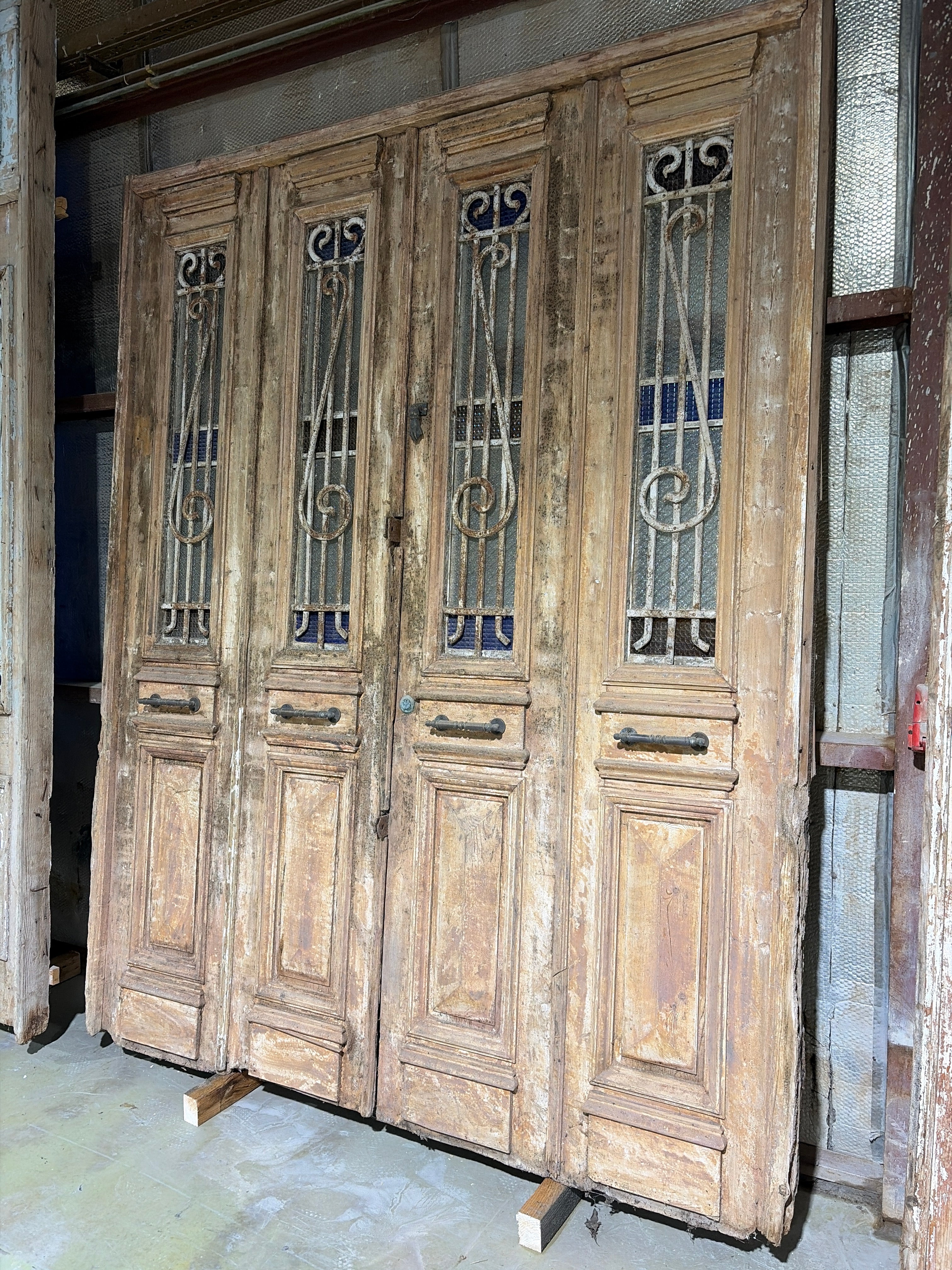 Antique Wooden Door with Ironwork & Stained Glass – Historic Entrance, 210x265cm